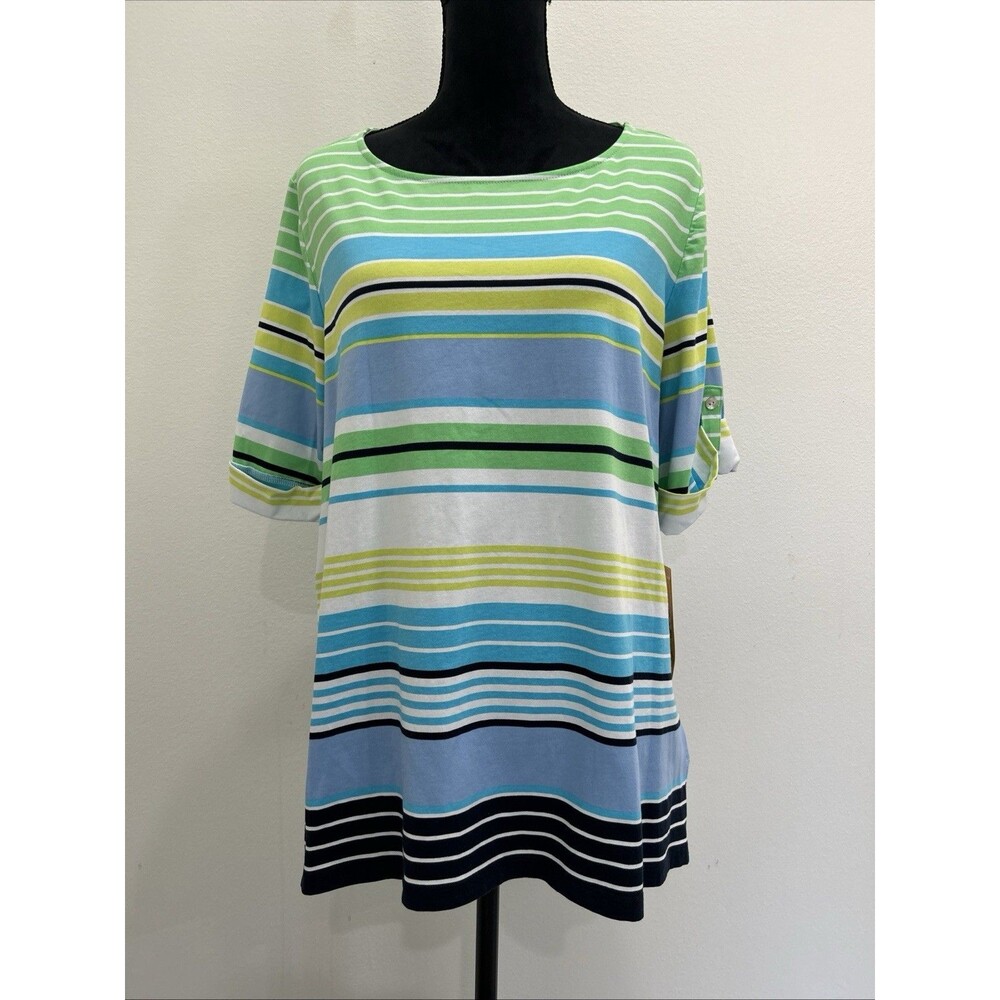 Ruby Rd Womens Sz 1X Top NWT Multi Color Striped Short Tab Sleeve Pullover